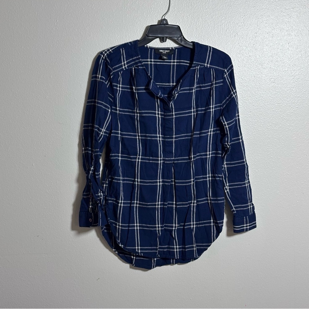Nine West Jeans Women Blue Plaid Button Up Blouse size‎ Small.
